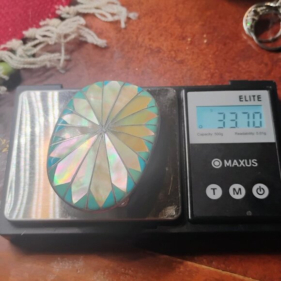 Vtg Zuni Inlay Set Belt Buckle Watch Tips Turquoise Mother of Pearl Sunburst - Picture 9 of 16